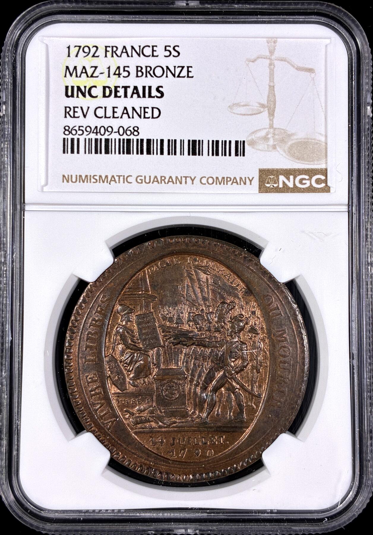 【雨安】【直播拍卖】【第0130期-评级币章】2026-03-28 周六 19:30 (金价981.33, 银价17.11) [评级法国] France 法国 Token 5索尔 KM# Tn31 1792年 大革命莫奈龙  NGC-UNC