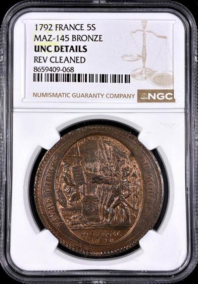 【雨安】【直播拍卖】【第0130期-评级币章】2026-03-28 周六 19:30 (金价981.33, 银价17.11) - [评级法国] France 法国 Token 5索尔 KM# Tn31 1792年 大革命莫奈龙  NGC-UNC