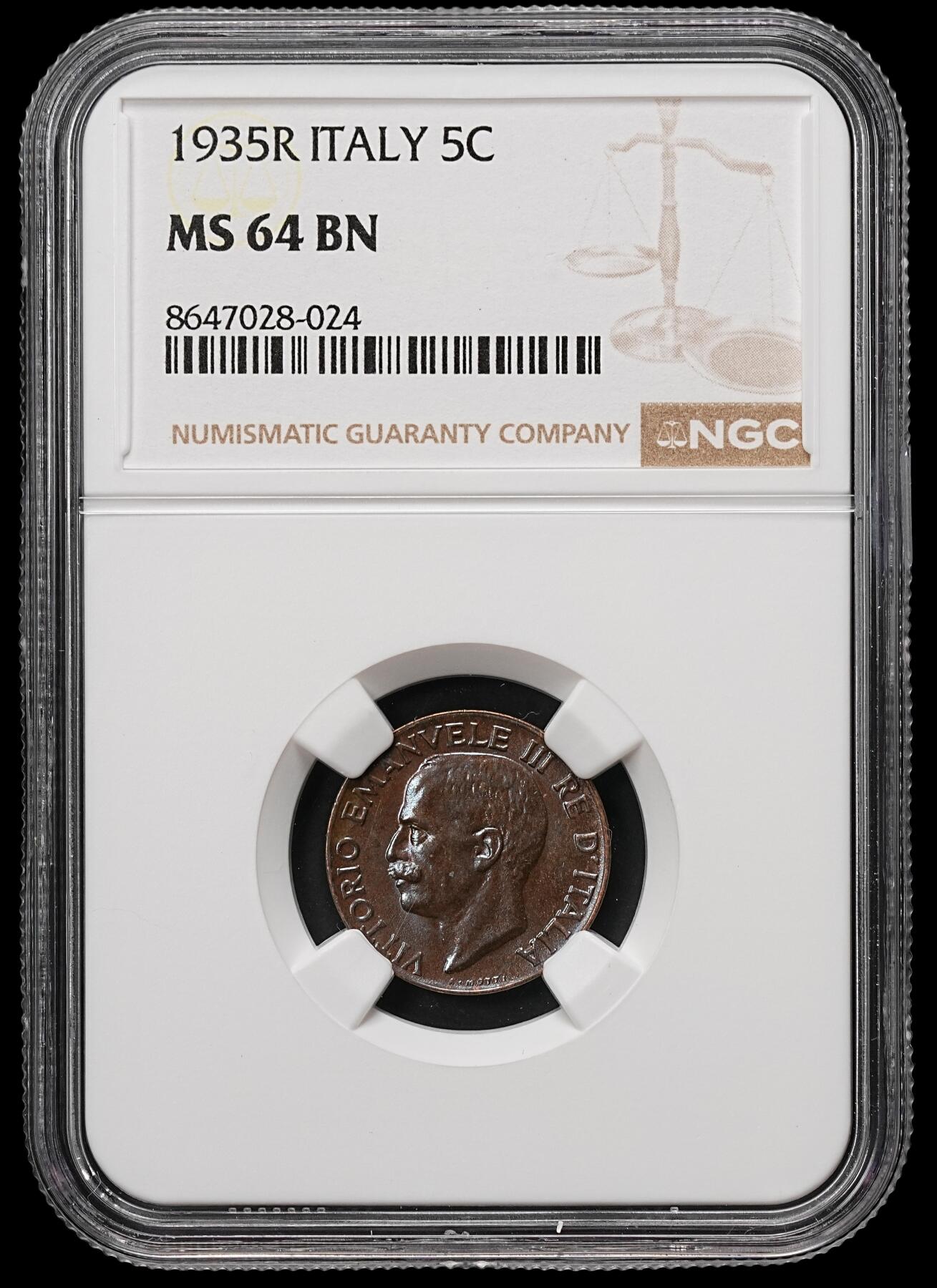 修遠堂世界钱币第109期 NGC MS64BN 1935年意大利5分铜币