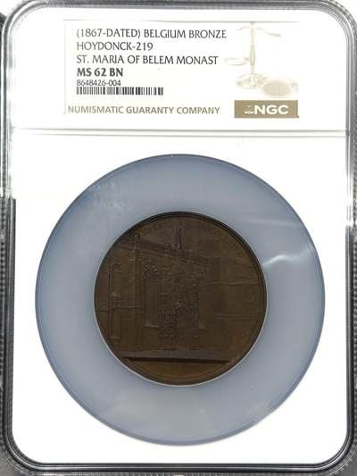 「木头集藏」“春启藏心”——章牌精品专场 - J Wiener~1867年葡萄牙里斯本贝伦圣玛利亚教堂铜章 MS 62 BN，直径：59mm，实物品相很好。著名的维纳（Wiener）教堂系列作品中的一枚，欧洲古典建筑章牌的典范。  圣玛利亚教堂是杰罗尼莫斯修道院建筑群的一部分，这座联合国教科文组织世界遗产象征着葡萄牙的财富、权力和探索的胜利，由国王曼努埃尔一世于 16 世纪初下令建造，