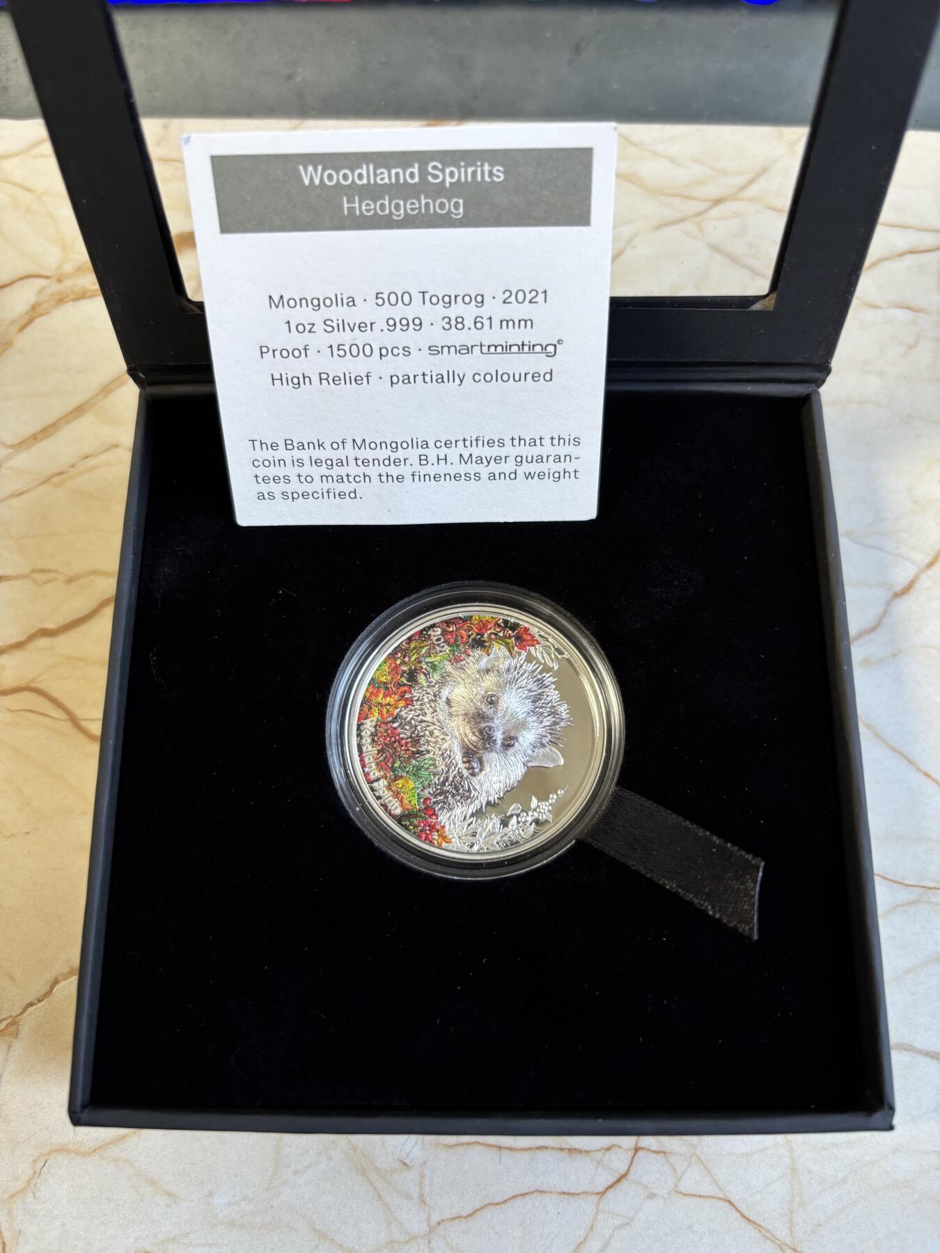 第195期拍卖 蒙古2021年森林精灵系列4豪猪1盎司纪念银币，999银，发行1500枚