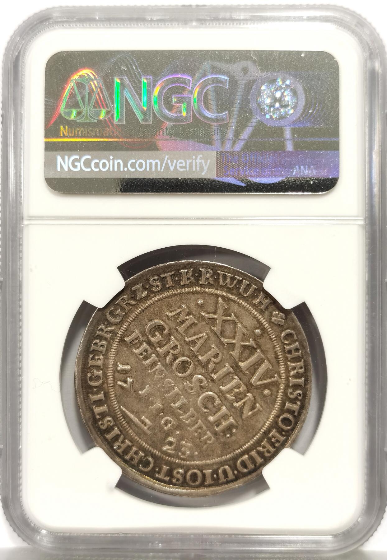 博洋堂“芳菲春韵”3月精品大拍专场暨第166期（全场包邮） NGC AU58 德国斯托尔伯格小邦国1723年流通24格鲁申（2/3泰勒），经典的神鹿图案，光滑的底板，五彩的包浆，稀罕的品种，NGC评级冠军分，唯一一枚！