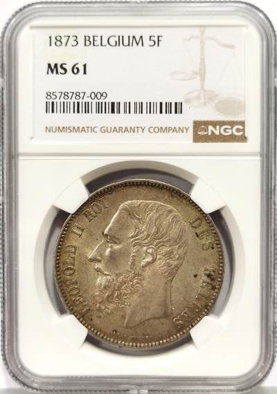 博洋堂“芳菲春韵”3月精品大拍专场暨第166期（全场包邮） - NGC MS61 比利时1873年利奥波德二世5法郎银币 胡子细节清晰