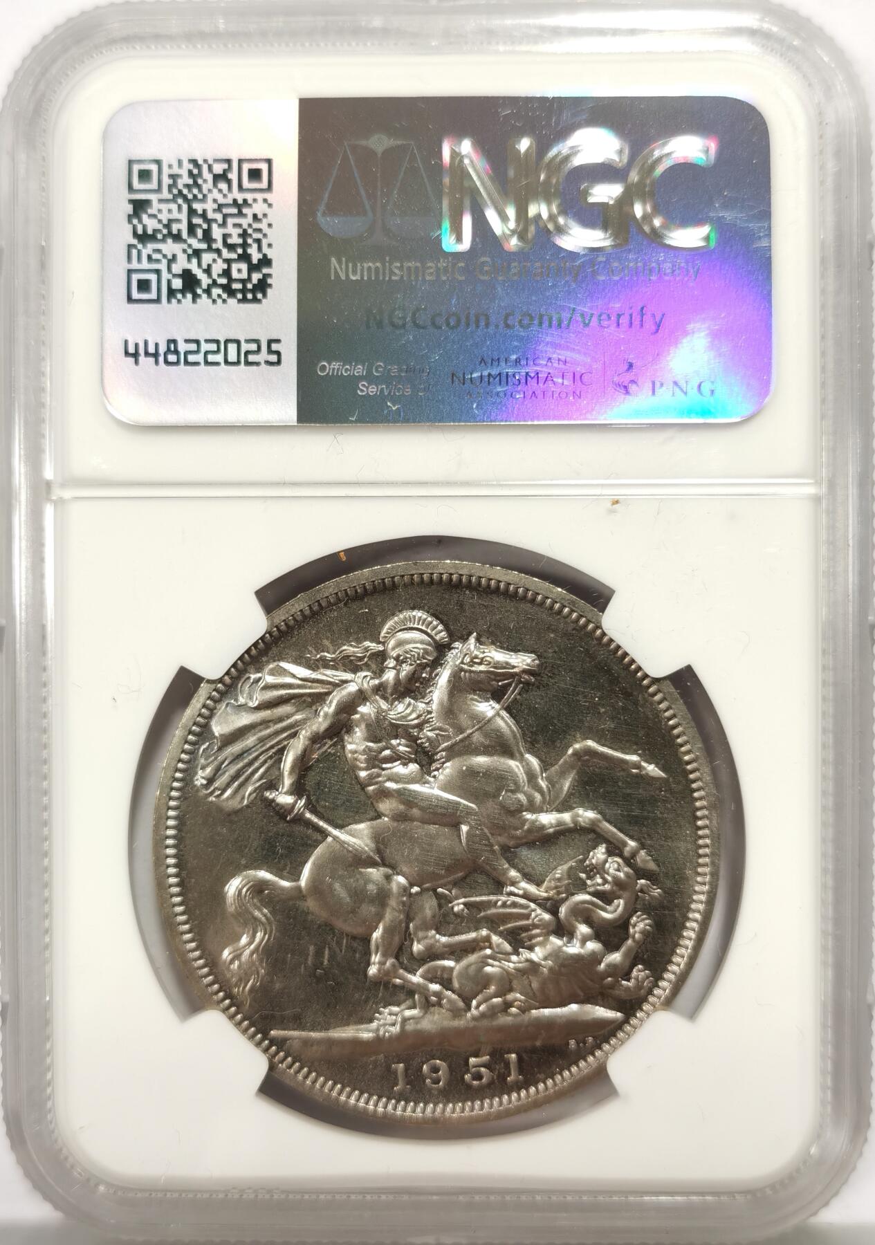 博洋堂“芳菲春韵”3月精品大拍专场暨第166期（全场包邮） NGC PL64 英国1951年乔治六世马剑克朗镍币 带原盒证书 经典红盒