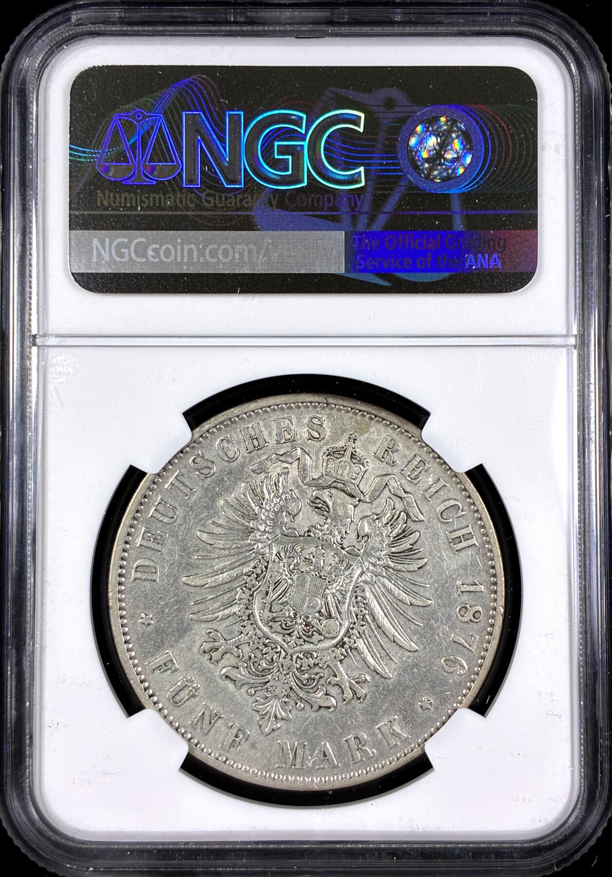 【雨安】【直播拍卖】【第0130期-评级币章】2026-03-28 周六 19:30 (金价981.33, 银价17.11) [评级德国] Germany 德国 帝国 J.042 巴伐利亚 5马克 (1874-1876) 路德维希二世 1876年  NGC-XF