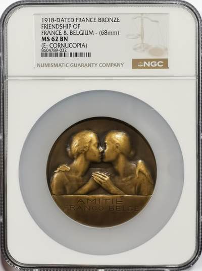 博洋堂“芳菲春韵”3月精品大拍专场暨第166期（全场包邮） - NGC MS62BN 法国1918年法国与比利时友谊纪念大铜章，背面公鸡与狮子为两国的象征