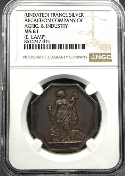 「木头集藏」“春启藏心”——章牌精品专场 - 法国阿卡雄农业与工业公司八角银章，MS 61,直径：32 mm，边铭：油灯 （1832-1841年），背面法语：阿卡雄农业与工业公司，比较少见。