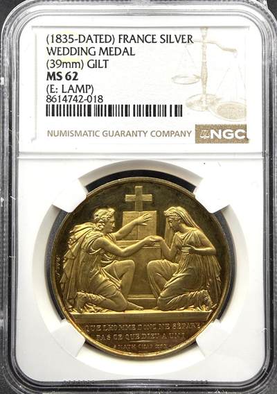 「木头集藏」“春启藏心”——章牌精品专场 - 1834年法国婚礼纪念大版镀金银章，直径：39.5 mm，1834年刻字纪念使用，正面铭文：出自《马太福音》19章6节，译为：“神所配合的，人不可分开”，是基督教婚姻观的核心经文，少见镀金大版，刻字已192年，难得品相。