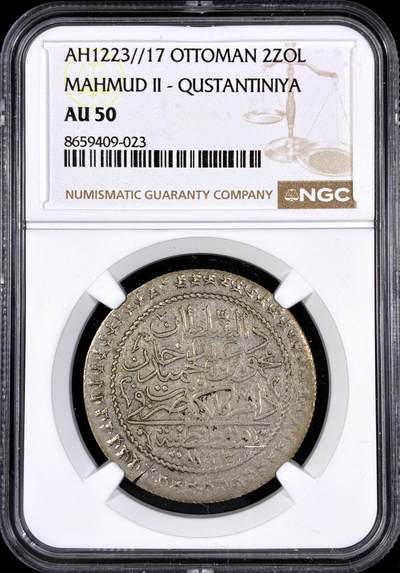 【雨安】【直播拍卖】【第0130期-评级币章】2026-03-28 周六 19:30 (金价981.33, 银价17.11) - [评级欧洲] Turkey 土耳其 奥斯曼帝国 马哈茂德二世 2ZOL AH1223//17  NGC-AU50