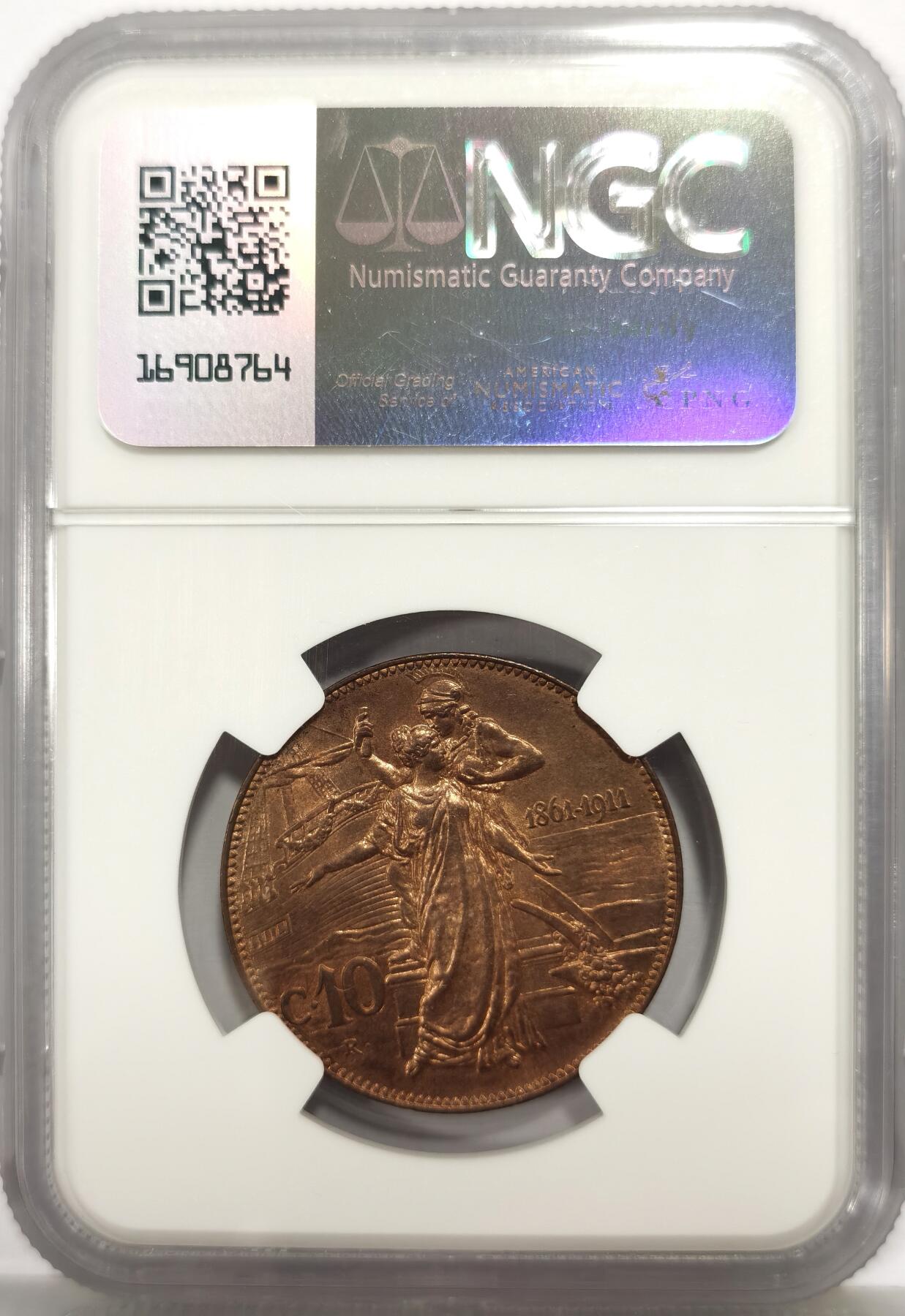 博洋堂“芳菲春韵”3月精品大拍专场暨第166期（全场包邮） NGC MS64RB 意大利1911年10分名誉品托奶铜币。该款高浮雕精美女神像引领历届拍卖高价。