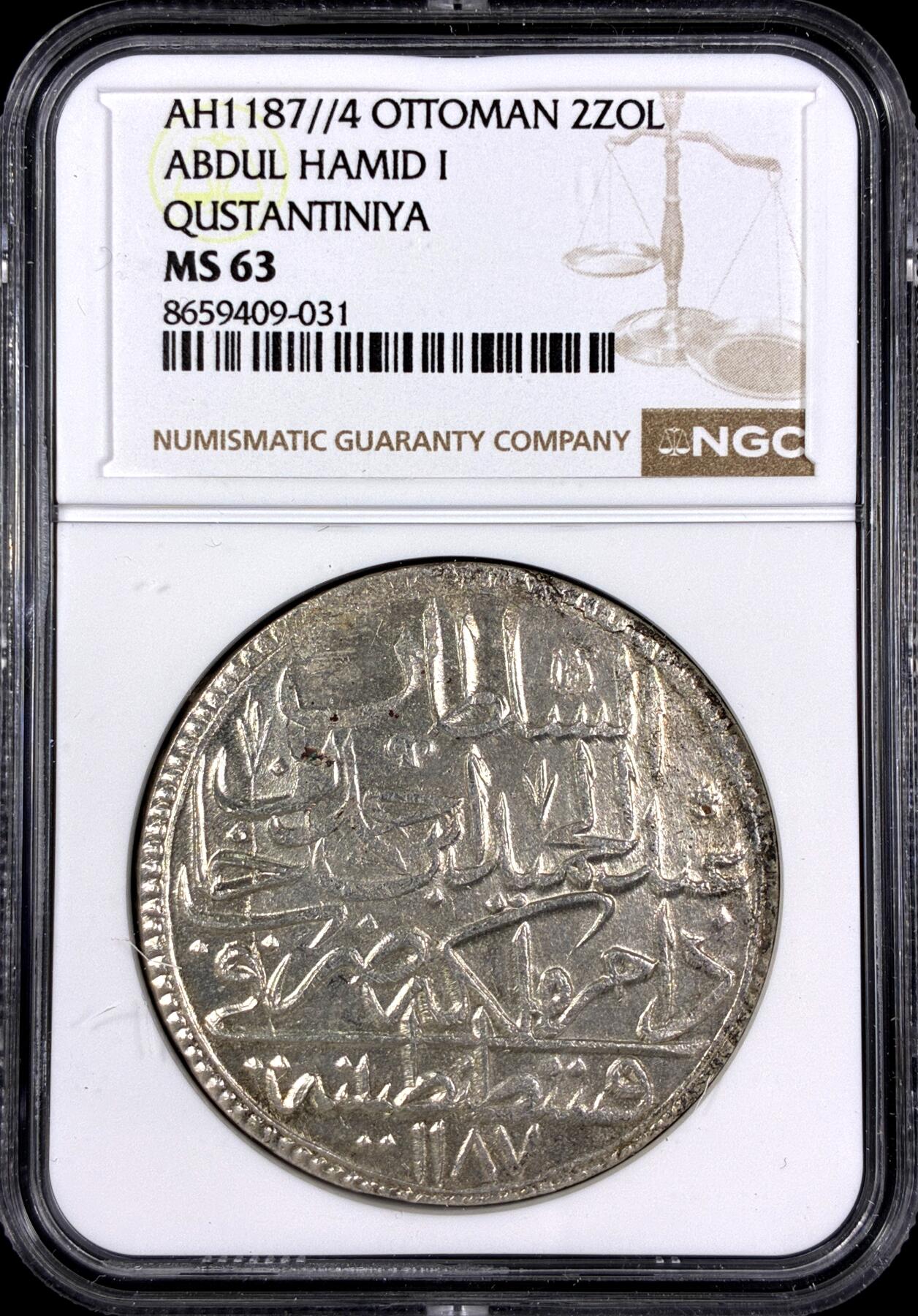 【雨安】【直播拍卖】【第0130期-评级币章】2026-03-28 周六 19:30 (金价981.33, 银价17.11) [评级欧洲] Turkey 土耳其 奥斯曼帝国 阿卜杜勒哈米德一世 2ZOL AH1187//4  NGC-MS63