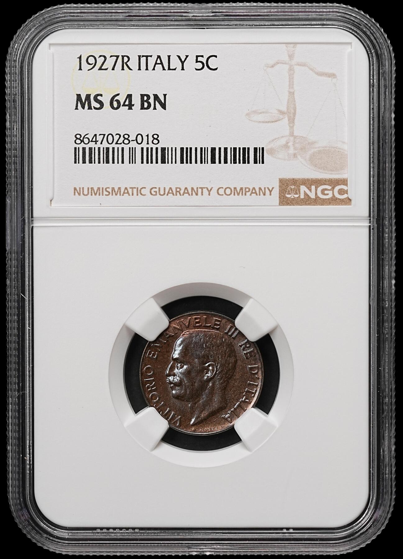 修遠堂世界钱币第109期 NGC MS64BN 1927年意大利5分铜币