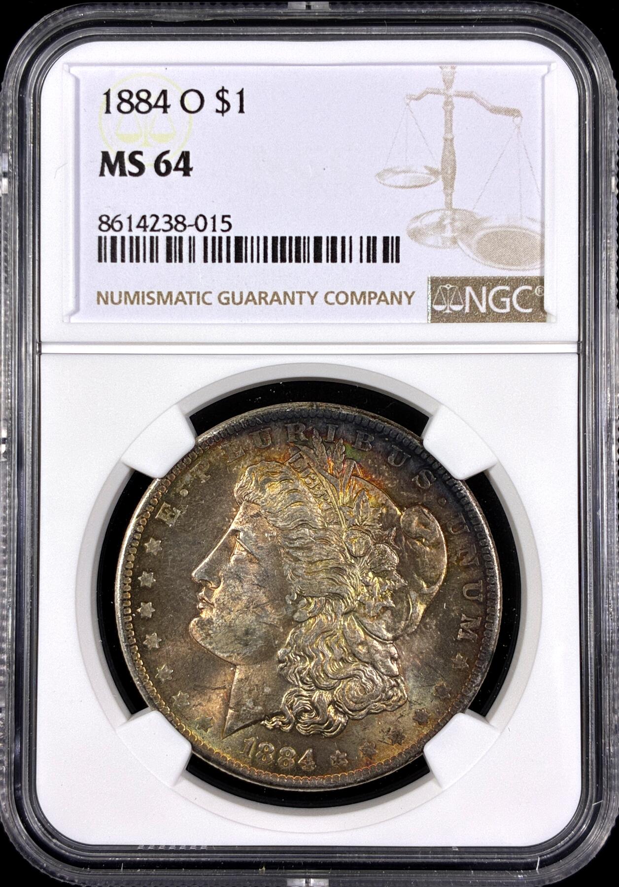 【雨安】【直播拍卖】【第0130期-评级币章】2026-03-28 周六 19:30 (金价981.33, 银价17.11) [评级美洲] USA 美国 1美元 (1878-1921) 摩根 1884年O  NGC-MS64 原味幻彩五彩包浆