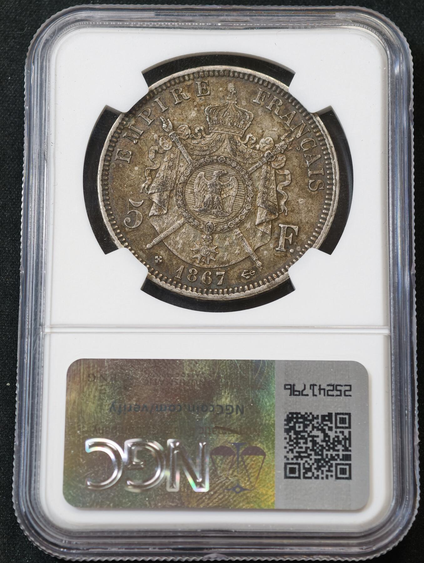甄臻铺-世界币章拍卖（第56期），送拍享返佣金等优惠多多 NGC-AU55 法国1867年拿破仑三世纹章5法郎大银币 原味酱彩十分难得
