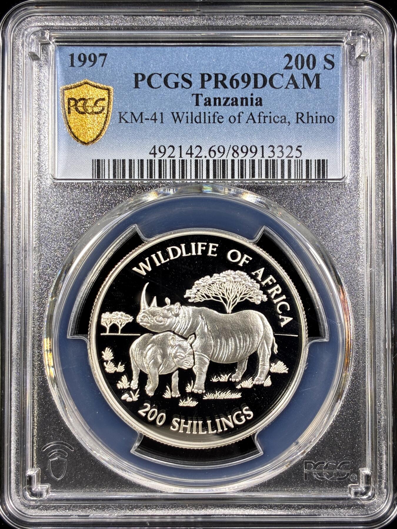 【雨安】【直播拍卖】【第0130期-评级币章】2026-03-28 周六 19:30 (金价981.33, 银价17.11) [评级现代] Tanzania 坦桑尼亚 200先令 1997年 非洲野生动物犀牛 PCGS-PR69DCAM 精制币