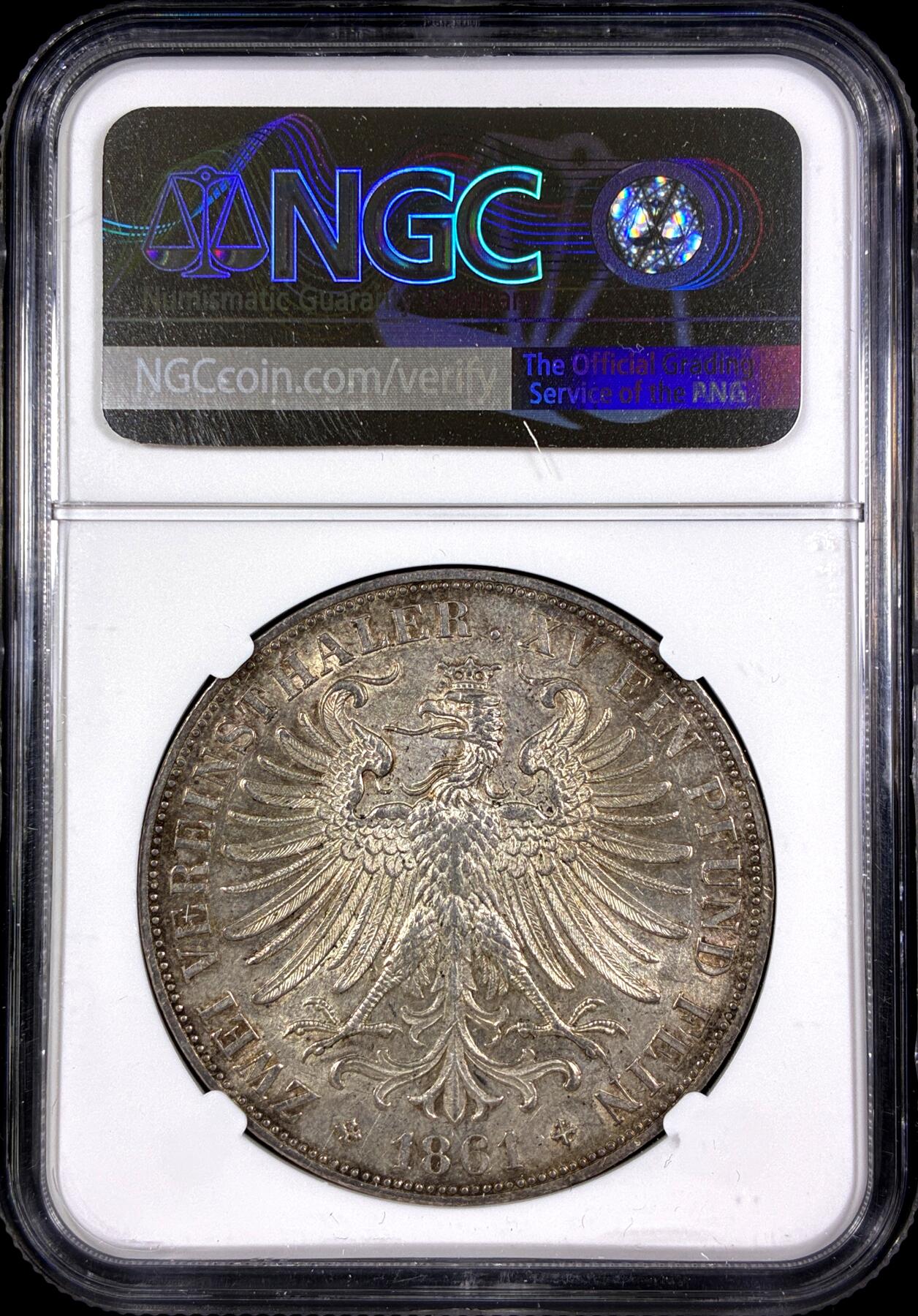 【雨安】【直播拍卖】【第0130期-评级币章】2026-03-28 周六 19:30 (金价981.33, 银价17.11) [评级德国] Germany 德国 德意志 2泰勒 Frankfurt法兰克福 Thun.145 KM#0365 (1860-1866) 法兰克福少女  NGC-MS61