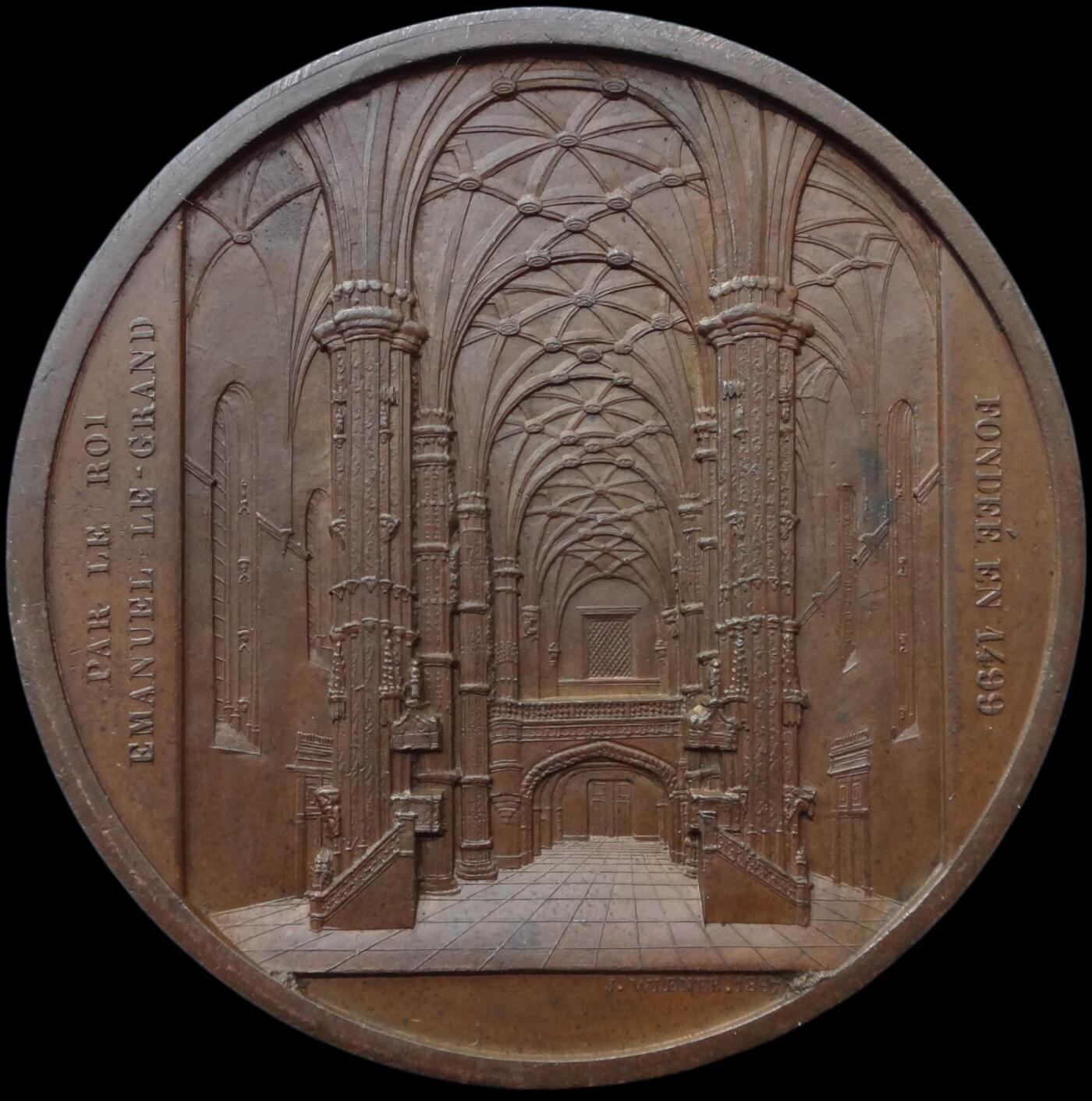 「木头集藏」“春启藏心”——章牌精品专场 J Wiener~1867年葡萄牙里斯本贝伦圣玛利亚教堂铜章 MS 62 BN，直径：59mm，实物品相很好。著名的维纳（Wiener）教堂系列作品中的一枚，欧洲古典建筑章牌的典范。  圣玛利亚教堂是杰罗尼莫斯修道院建筑群的一部分，这座联合国教科文组织世界遗产象征着葡萄牙的财富、权力和探索的胜利，由国王曼努埃尔一世于 16 世纪初下令建造，