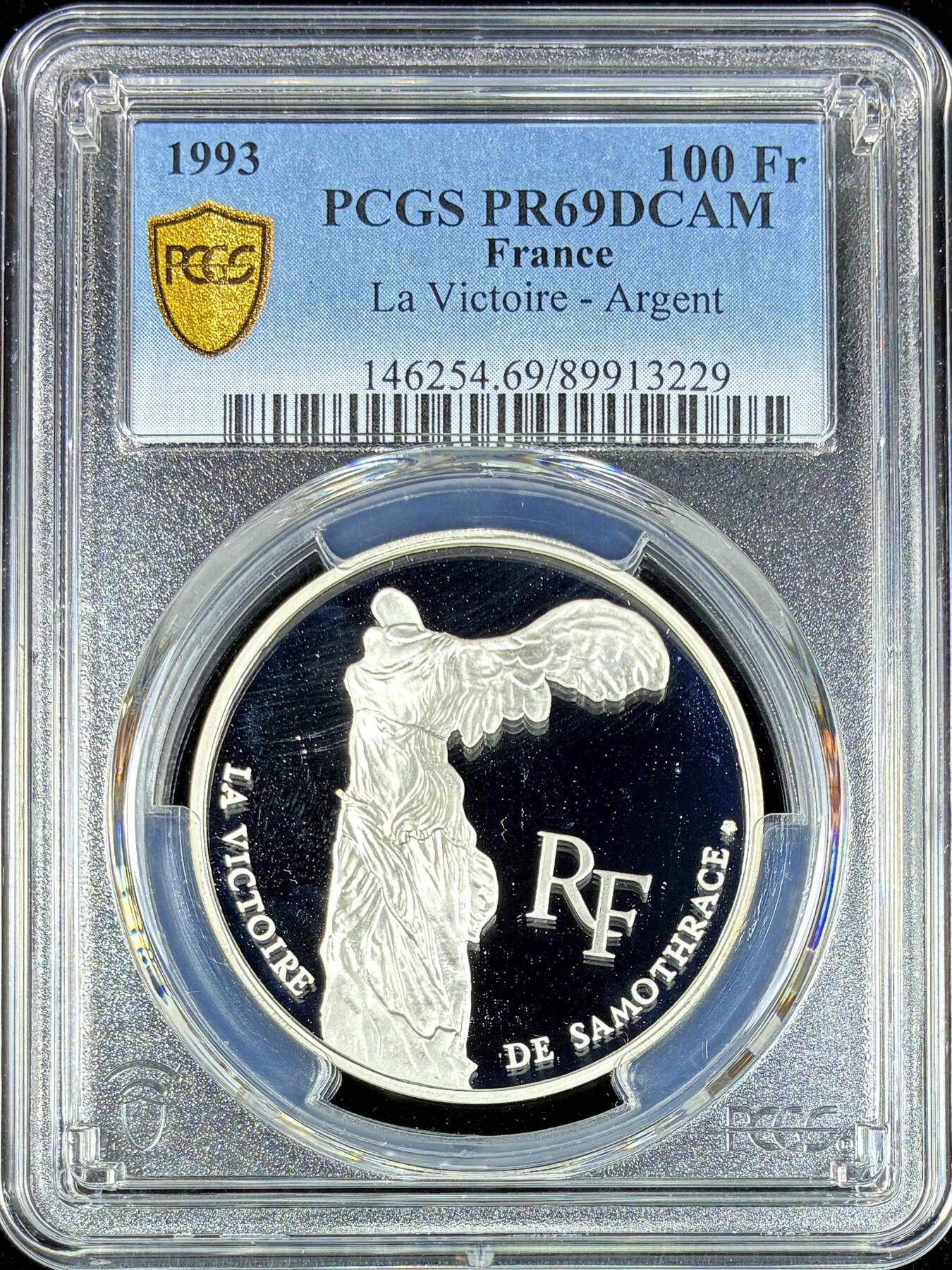【雨安】【直播拍卖】【第0130期-评级币章】2026-03-28 周六 19:30 (金价981.33, 银价17.11) [评级现代] France 法国 100法郎 1993年 萨莫色雷斯的胜利女神 PCGS-PR69DCAM 精制币