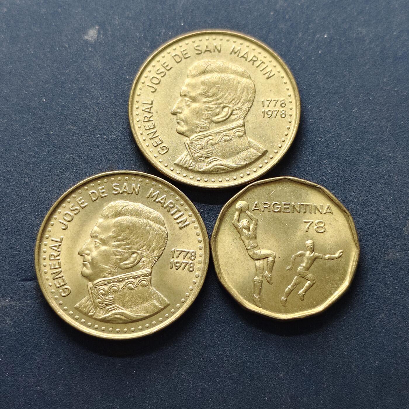 【全场包邮】纯粹捡漏拍514场 阿根廷1978年纪念币3枚一组-圣马丁诞生200周年+世界杯