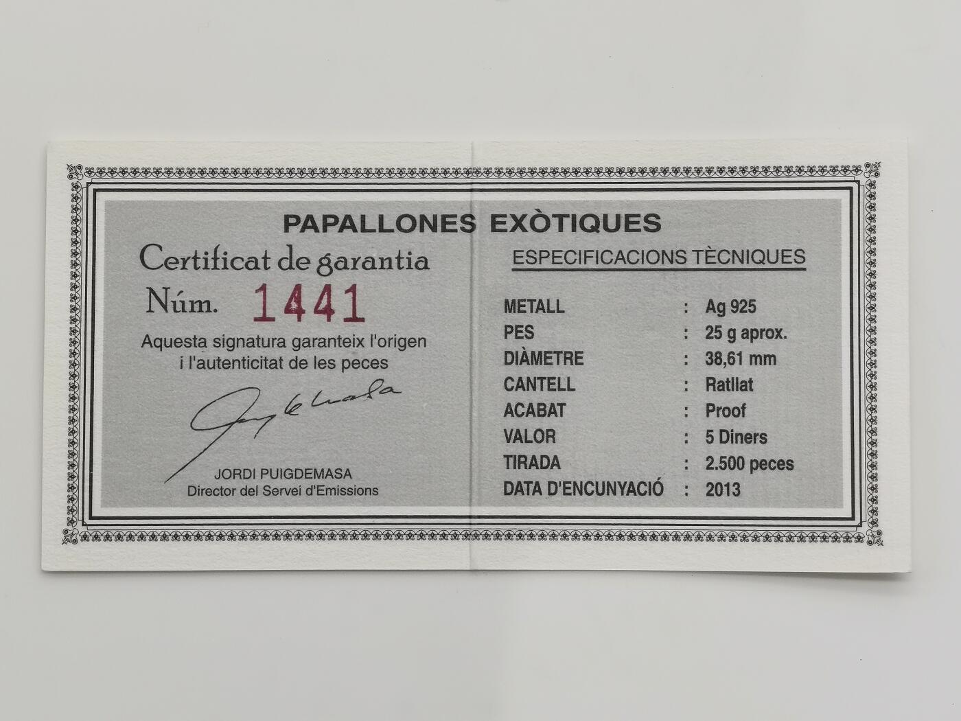 博洋堂“芳菲春韵”3月精品大拍专场暨第166期（全场包邮） 安道尔2013年5第纳尔精制银币 异域彩蝶-金凤蝶（带3D彩蝶模型） 25克925银 发行量：2500 带证