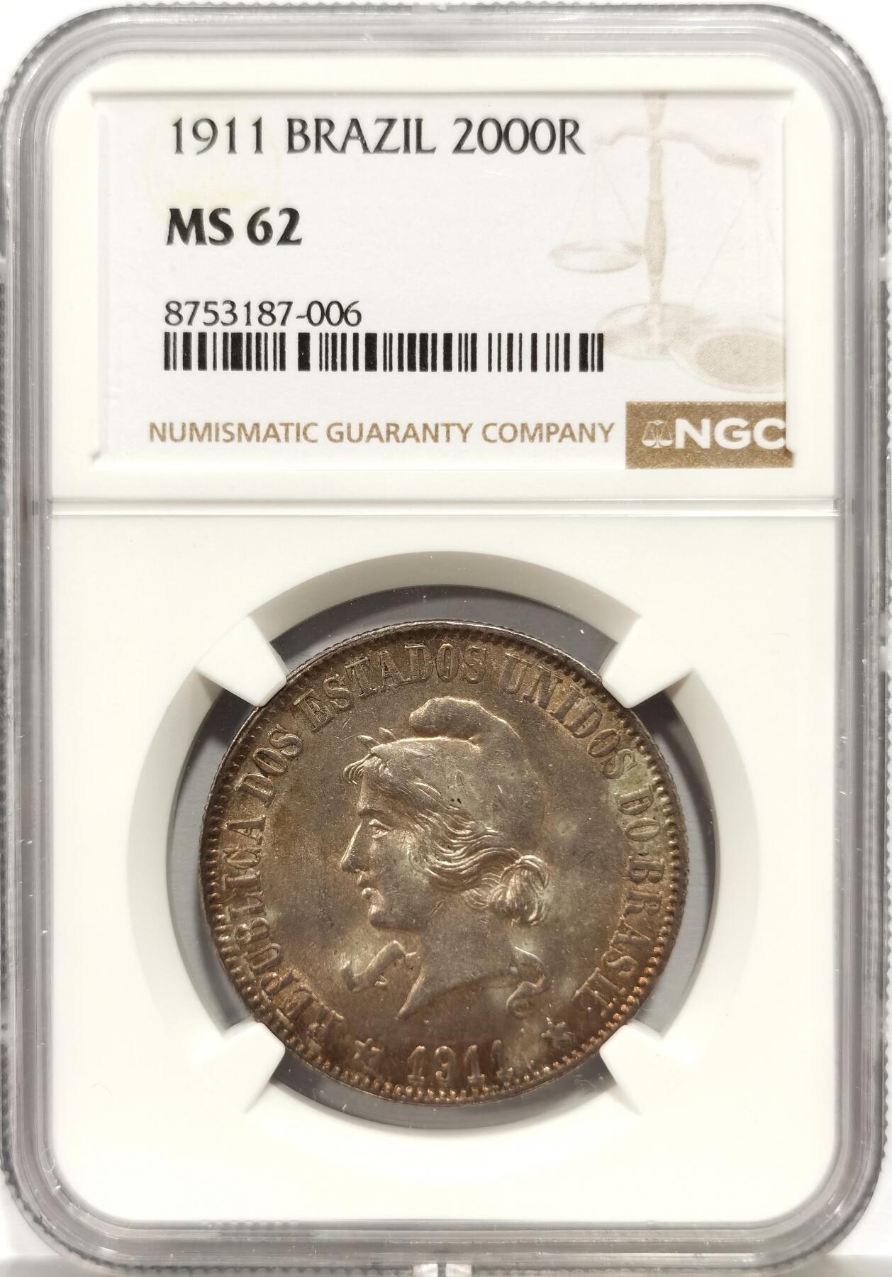 博洋堂“芳菲春韵”3月精品大拍专场暨第166期（全场包邮） NGC MS62 巴西1911年2000瑞斯银币，五彩包浆，转光好品，极其少见的品种，MS难得，南美主币，凑套必备。