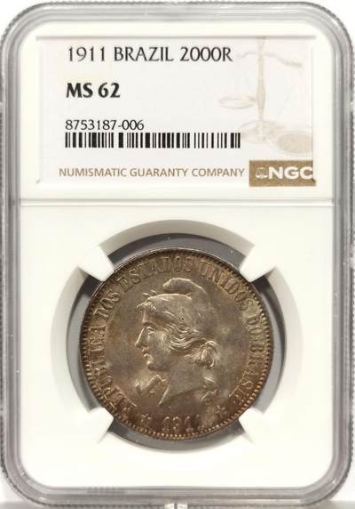 博洋堂“芳菲春韵”3月精品大拍专场暨第166期（全场包邮） - NGC MS62 巴西1911年2000瑞斯银币，五彩包浆，转光好品，极其少见的品种，MS难得，南美主币，凑套必备。