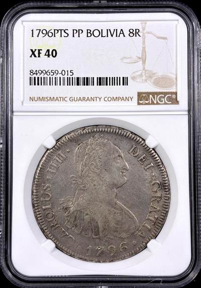【雨安】【直播拍卖】【第0130期-评级币章】2026-03-28 周六 19:30 (金价981.33, 银价17.11) - [评级美洲] Spanish Bolivia 西属玻利维亚 8里亚尔 KM#0073 (1791-1808) 卡洛斯四世  NGC-XF40