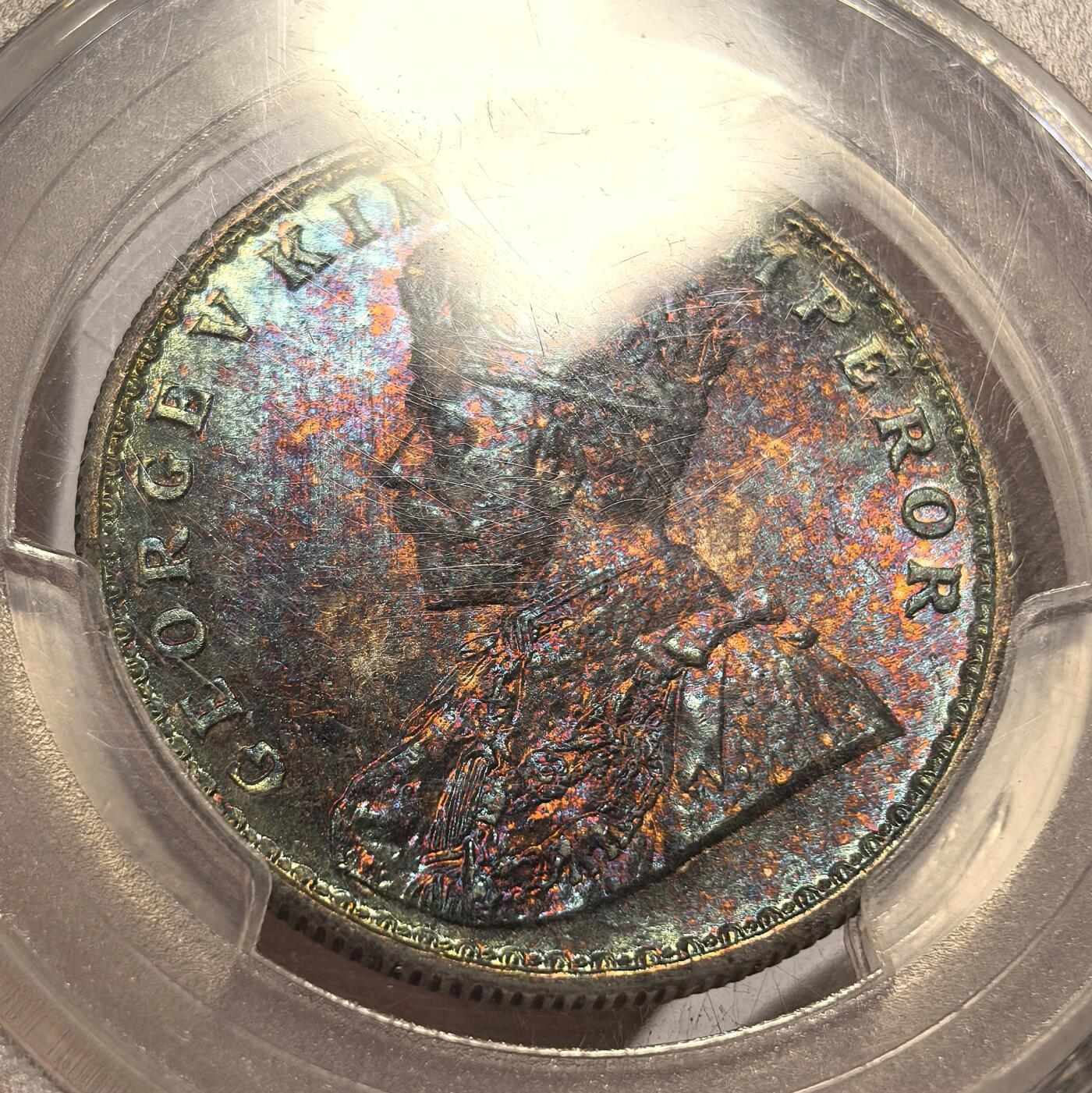 博洋堂“芳菲春韵”3月精品大拍专场暨第166期（全场包邮） PCGS MS65 英属印度1918年B版乔五1卢比银币，打制深，包浆熟，正面五彩，似《灵魂战车》中恶灵骑士，背面金黄蓝色包浆均匀非常漂亮，乔五卢比上MS65分以上非常少，这枚为PCGS亚军分，上面仅2枚65+更高分，同分22年10月拍出4873元，相比之下，这枚彩更好，为收藏精品。