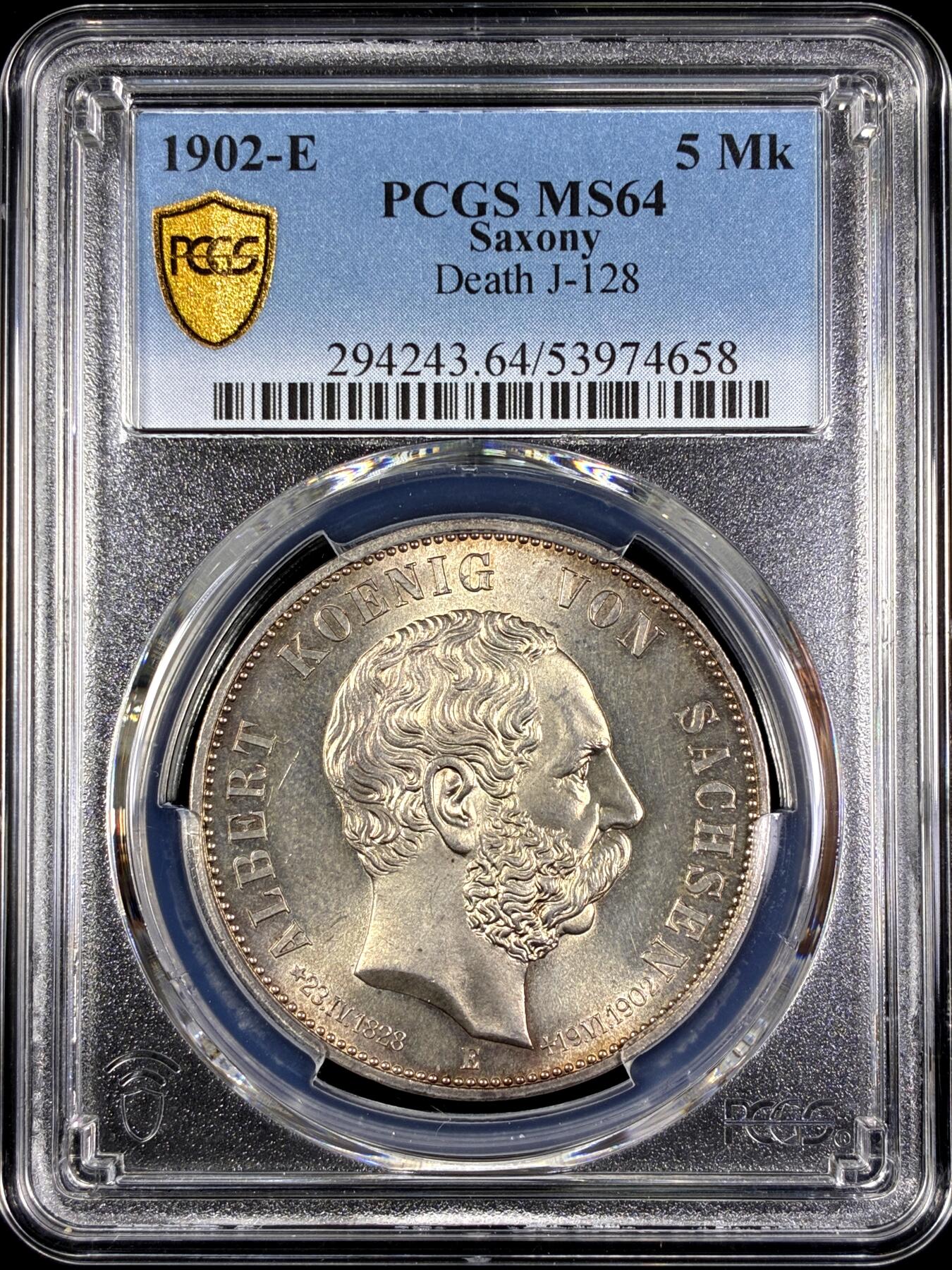 【雨安】【直播拍卖】【第0130期-评级币章】2026-03-28 周六 19:30 (金价981.33, 银价17.11) [评级德国] Germany 德国 帝国 J.128 萨克森 5马克 (1902) 阿尔伯特逝世 1902年  PCGS-MS64 底板干净, 丝绸般光泽