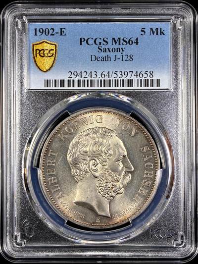 【雨安】【直播拍卖】【第0130期-评级币章】2026-03-28 周六 19:30 (金价981.33, 银价17.11) - [评级德国] Germany 德国 帝国 J.128 萨克森 5马克 (1902) 阿尔伯特逝世 1902年  PCGS-MS64 底板干净, 丝绸般光泽