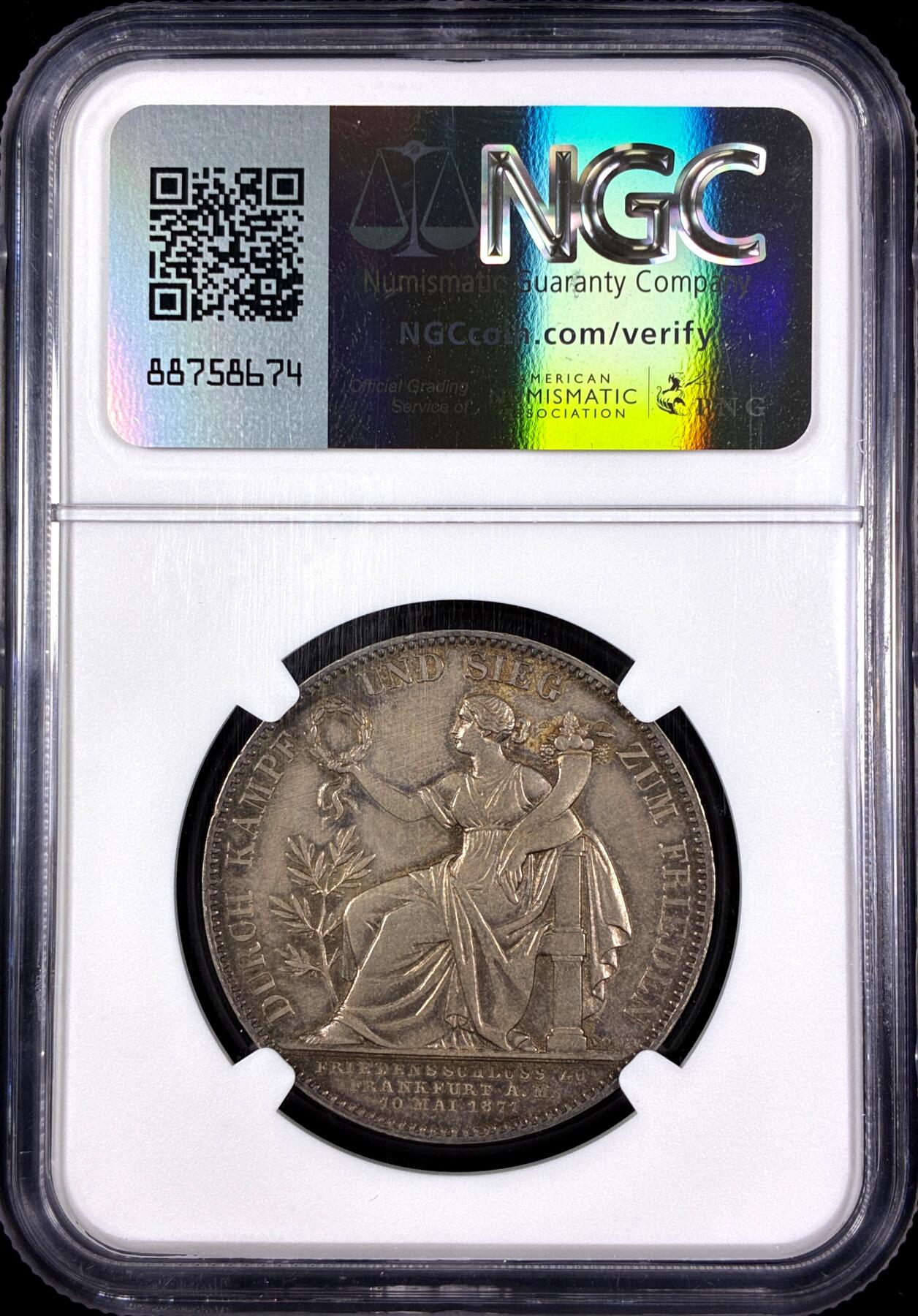 【雨安】【直播拍卖】【第0130期-评级币章】2026-03-28 周六 19:30 (金价981.33, 银价17.11) [评级德国] Germany 德国 德意志 1泰勒 Bavaria巴伐利亚 Thun.107 KM#0889 (1871) 普法战争 1871年  NGC-AU58 均匀淡美包浆