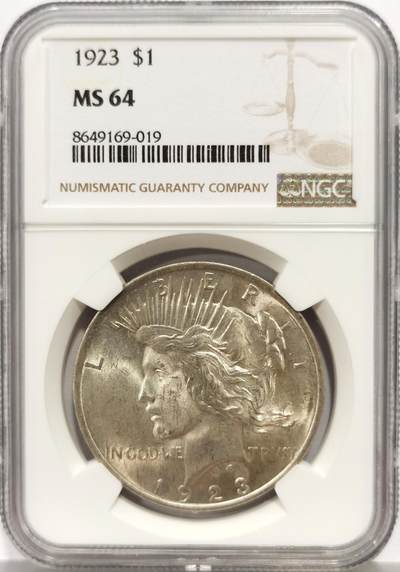 博洋堂“芳菲春韵”3月精品大拍专场暨第166期（全场包邮） - NGC MS64 美国1923年和平银币，卷拆原光好品，银光闪烁，状态极佳。