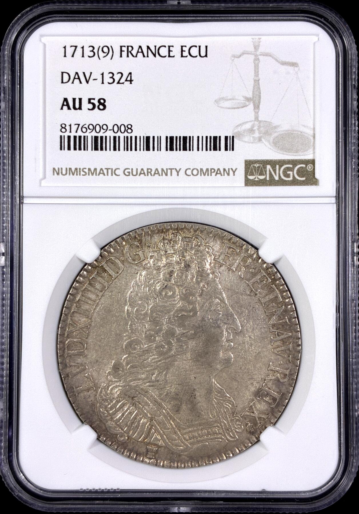 【雨安】【直播拍卖】【第0130期-评级币章】2026-03-28 周六 19:30 (金价981.33, 银价17.11) [评级法国] France 法国 1埃居 KM#0386 DAV-1324 (1709-1715) 路易十四 三皇冠 1713年  NGC-AU58 底板干净, 底光光感强 带几代欧洲老藏家标签