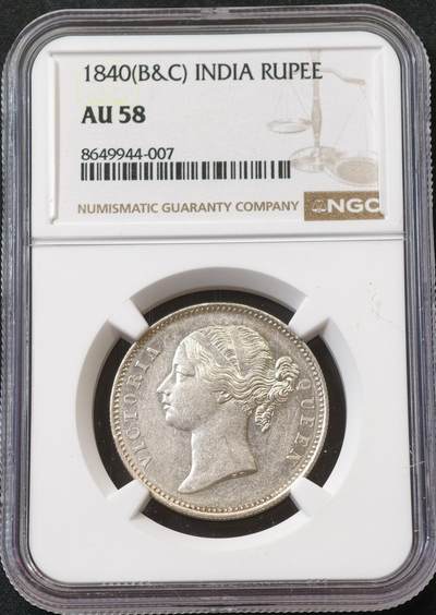 甄臻铺-世界币章拍卖（第56期），送拍享返佣金等优惠多多 - NGC-AU58 1840年小维英属印度卢比，卷拆低评