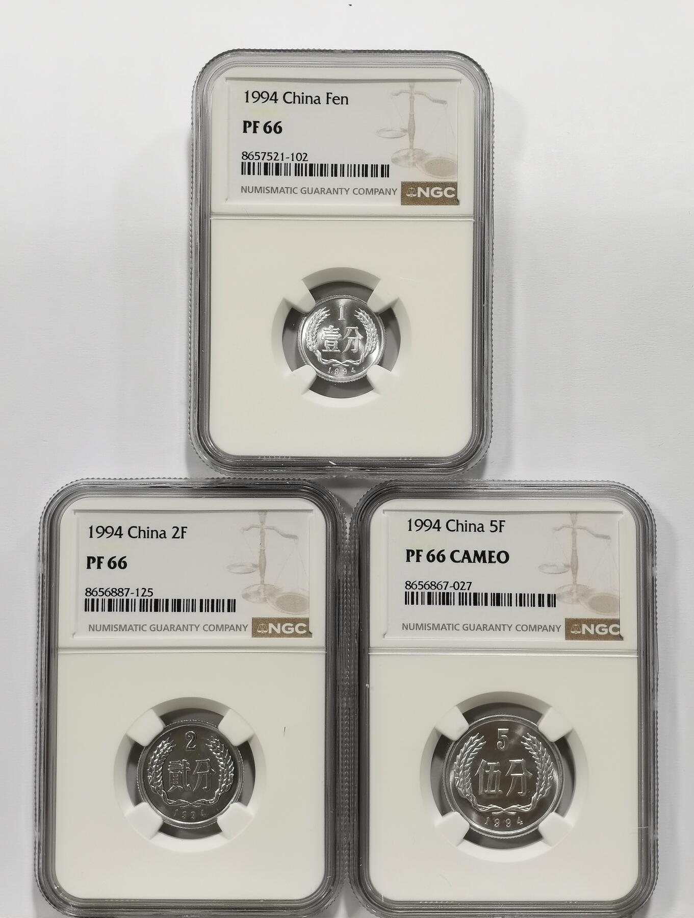 博洋堂“芳菲春韵”3月精品大拍专场暨第166期（全场包邮） NGC PF66/66CAMEO 中国1994年壹分、贰分、伍分一套3枚