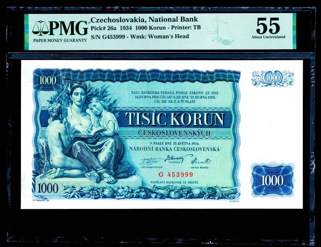 【Blue Auction】世界纸币精拍第799期——18级TOP拍卖/信誉/品质/专业/高效💫 【999豹子号 实钞】捷斯 1934年1000克朗 超大票幅 精美的雕刻给人带来视觉的享受 PMG55 状态佳