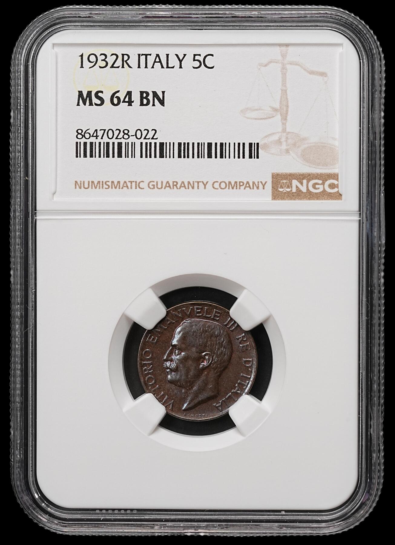 修遠堂世界钱币第109期 NGC MS64BN 1932年意大利5分铜币