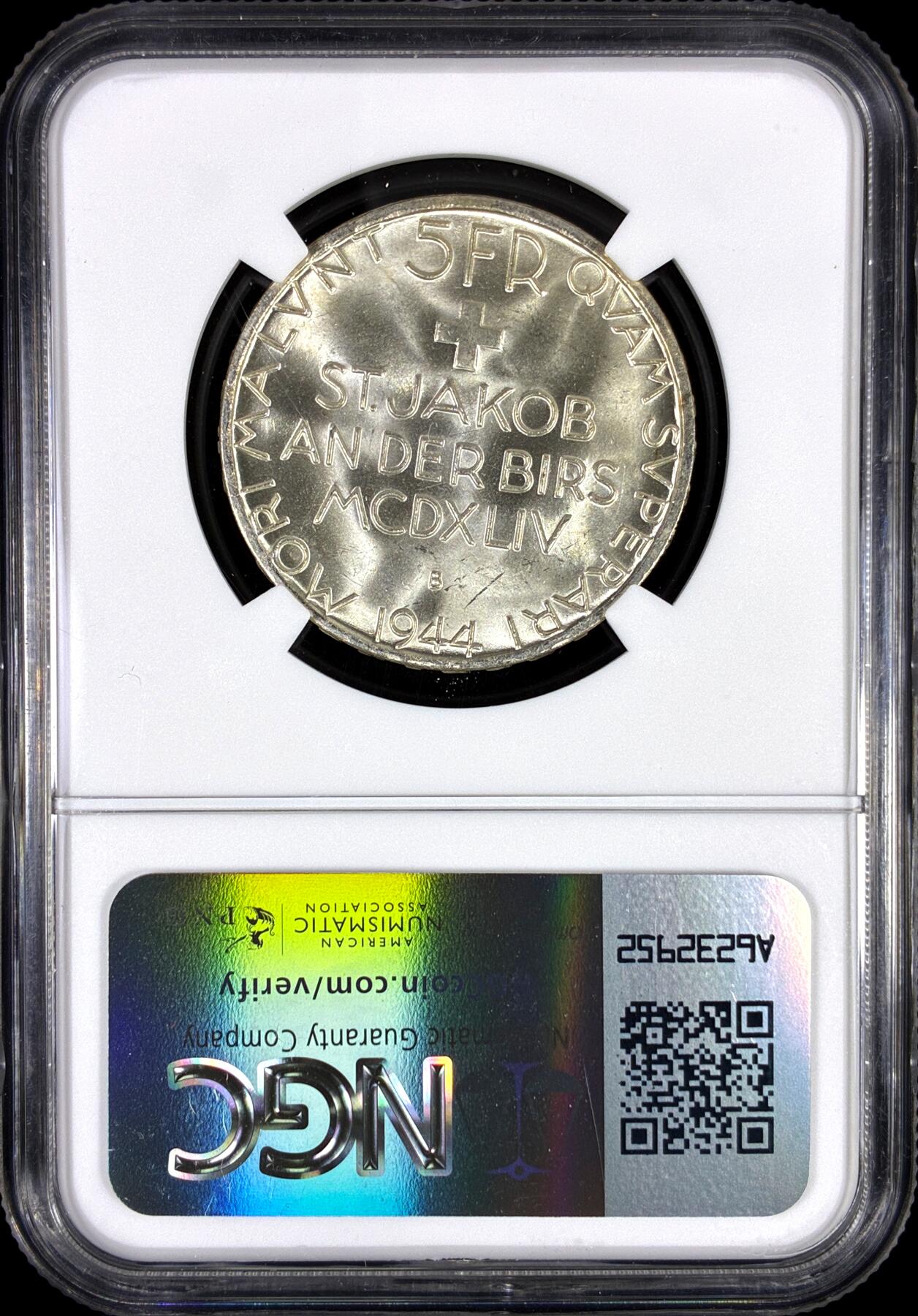 【雨安】【直播拍卖】【第0130期-评级币章】2026-03-28 周六 19:30 (金价981.33, 银价17.11) [评级欧洲] Switzerland 瑞士 5法郎 1944年 圣雅各布比尔斯战役 KM# 45  NGC-MS66