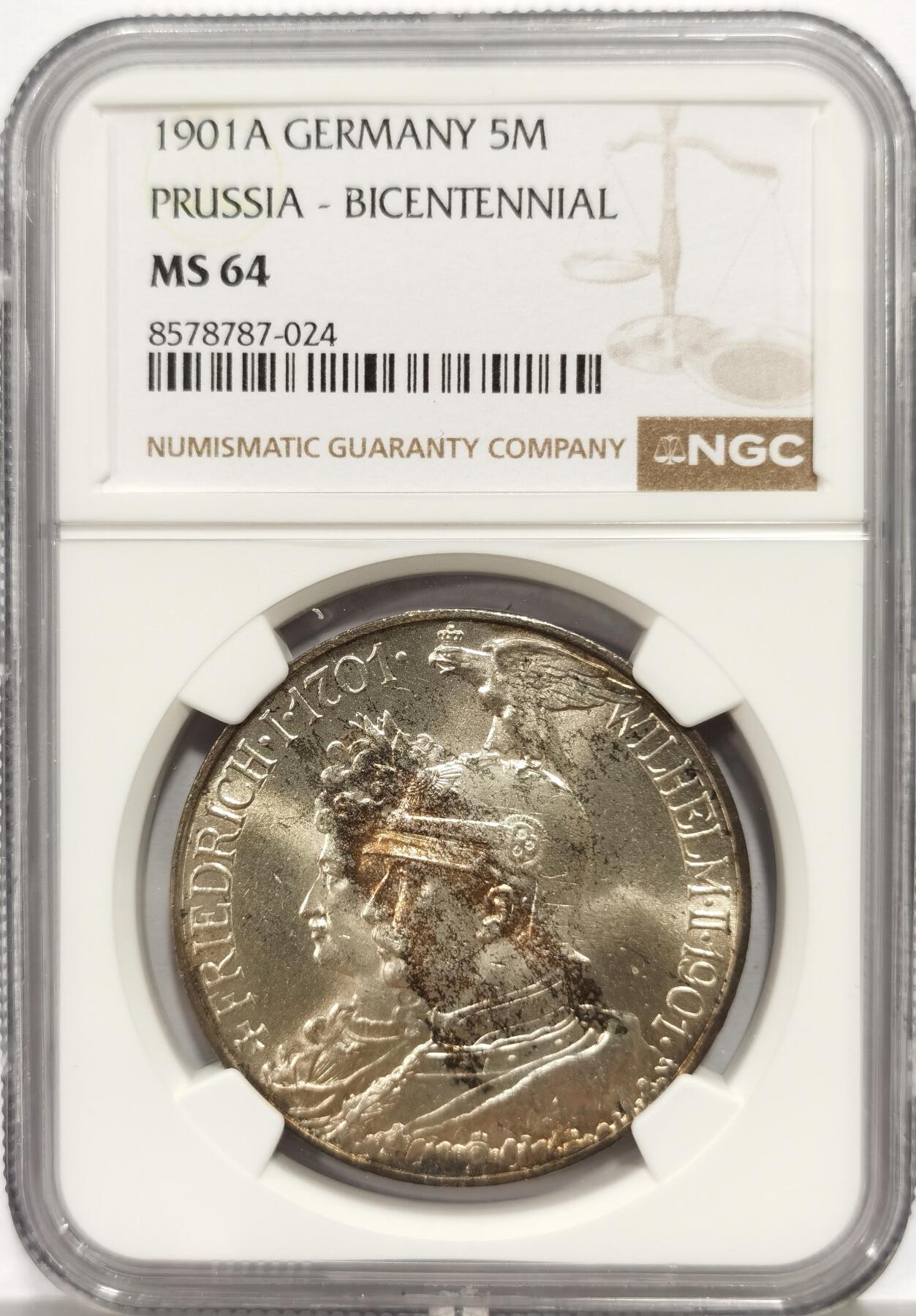 博洋堂“芳菲春韵”3月精品大拍专场暨第166期（全场包邮） NGC MS64 德国普鲁士1901年建国纪念5马克银币 光感强烈淡彩自然