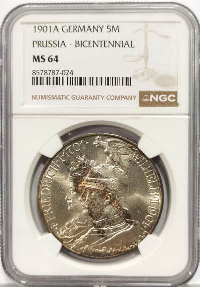 博洋堂“芳菲春韵”3月精品大拍专场暨第166期（全场包邮） - NGC MS64 德国普鲁士1901年建国纪念5马克银币 光感强烈淡彩自然