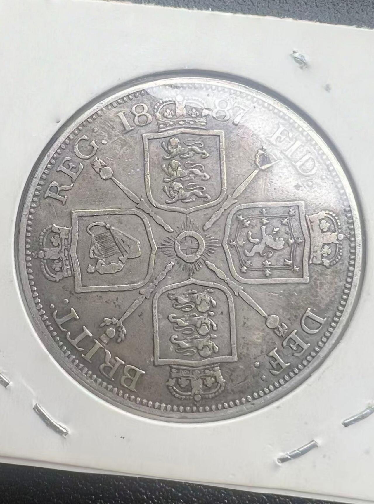 1887 年英国维多利亚双弗洛林银币 十字盾版 西洋老银元 925 纯银