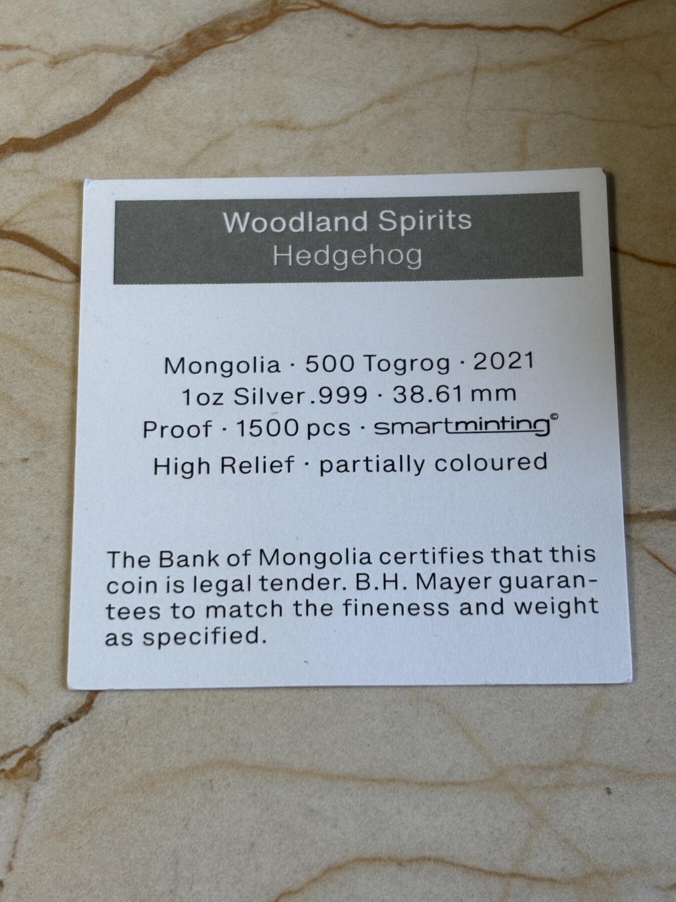 第195期拍卖 蒙古2021年森林精灵系列4豪猪1盎司纪念银币，999银，发行1500枚