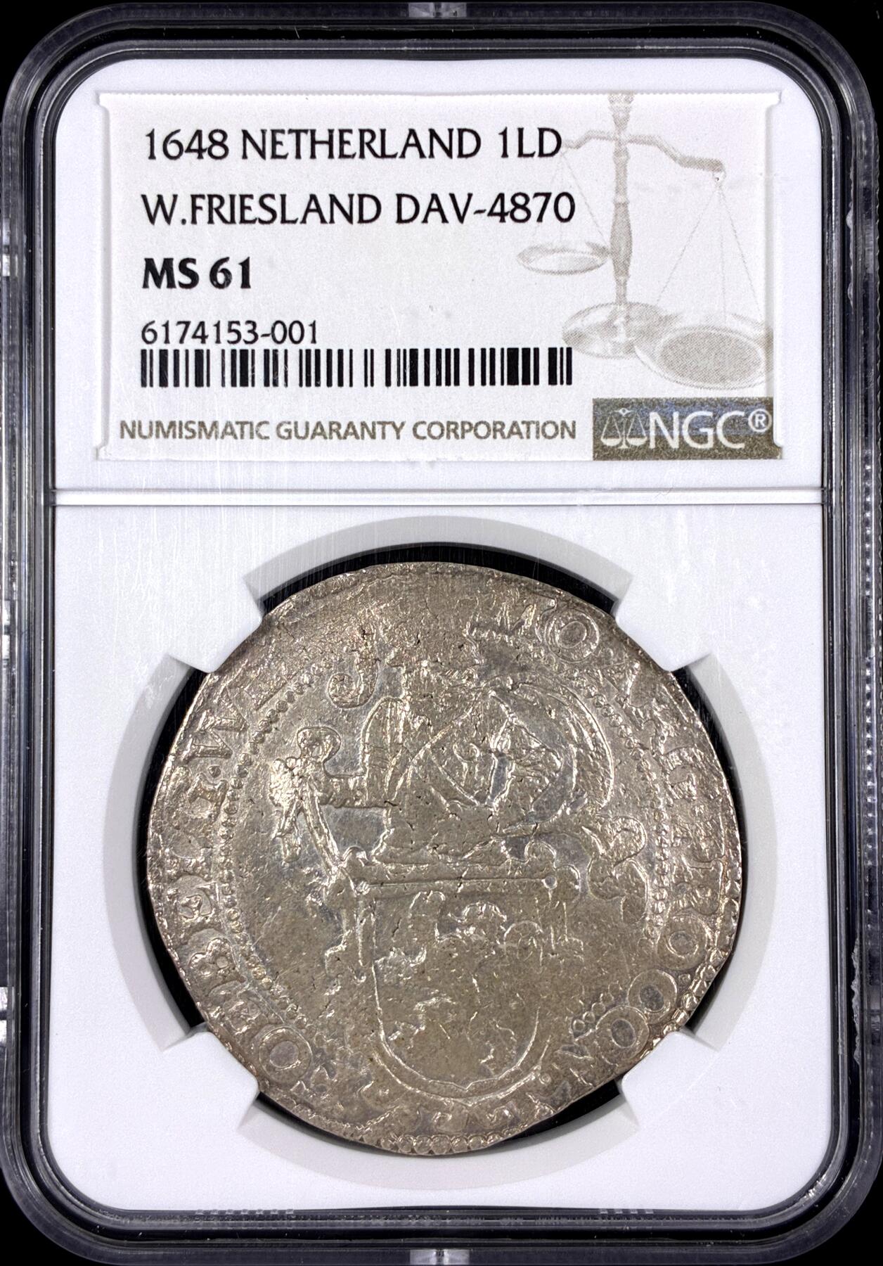 【雨安】【直播拍卖】【第0130期-评级币章】2026-03-28 周六 19:30 (金价981.33, 银价17.11) [评级欧洲] Netherlands 荷兰 共和国 狮子泰勒 西弗里斯兰省 1648年  NGC-MS61 图案清晰, 尤其狮子深俊, 非常难得, 近400年的半机制币出分异常难得