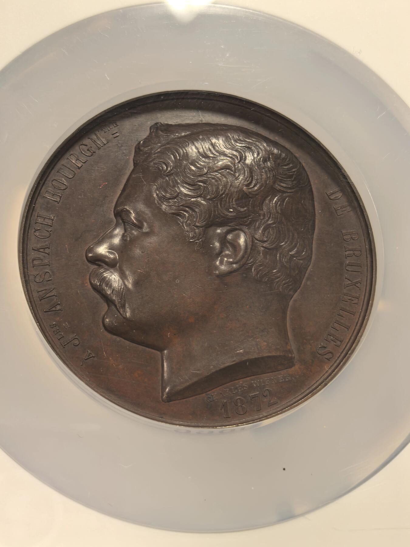 博洋堂“芳菲春韵”3月精品大拍专场暨第166期（全场包邮） NGC MS62BN 比利时1872年布鲁塞尔市长朱尔斯·安斯帕奇纪念大铜章，67mm