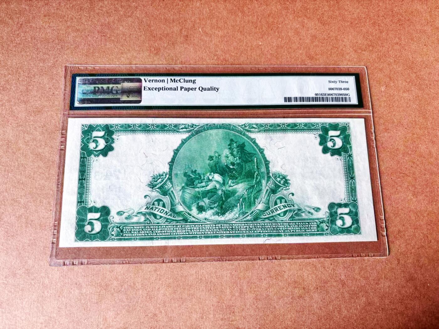 【Blue Auction】世界纸币精拍第799期——18级TOP拍卖/信誉/品质/专业/高效💫 【手签字迹清晰】美国 宾夕法尼亚州 1902年5美金 背面经典油画《Landing of the Pilgrims》（朝圣者登陆）设计精美 美国第23任美国总统本杰明·哈里森 大胡子雕刻佳 PMG63EPQ 全新原票 老壳（同fr.601同银行同分连号的一张今年拍了840美金）