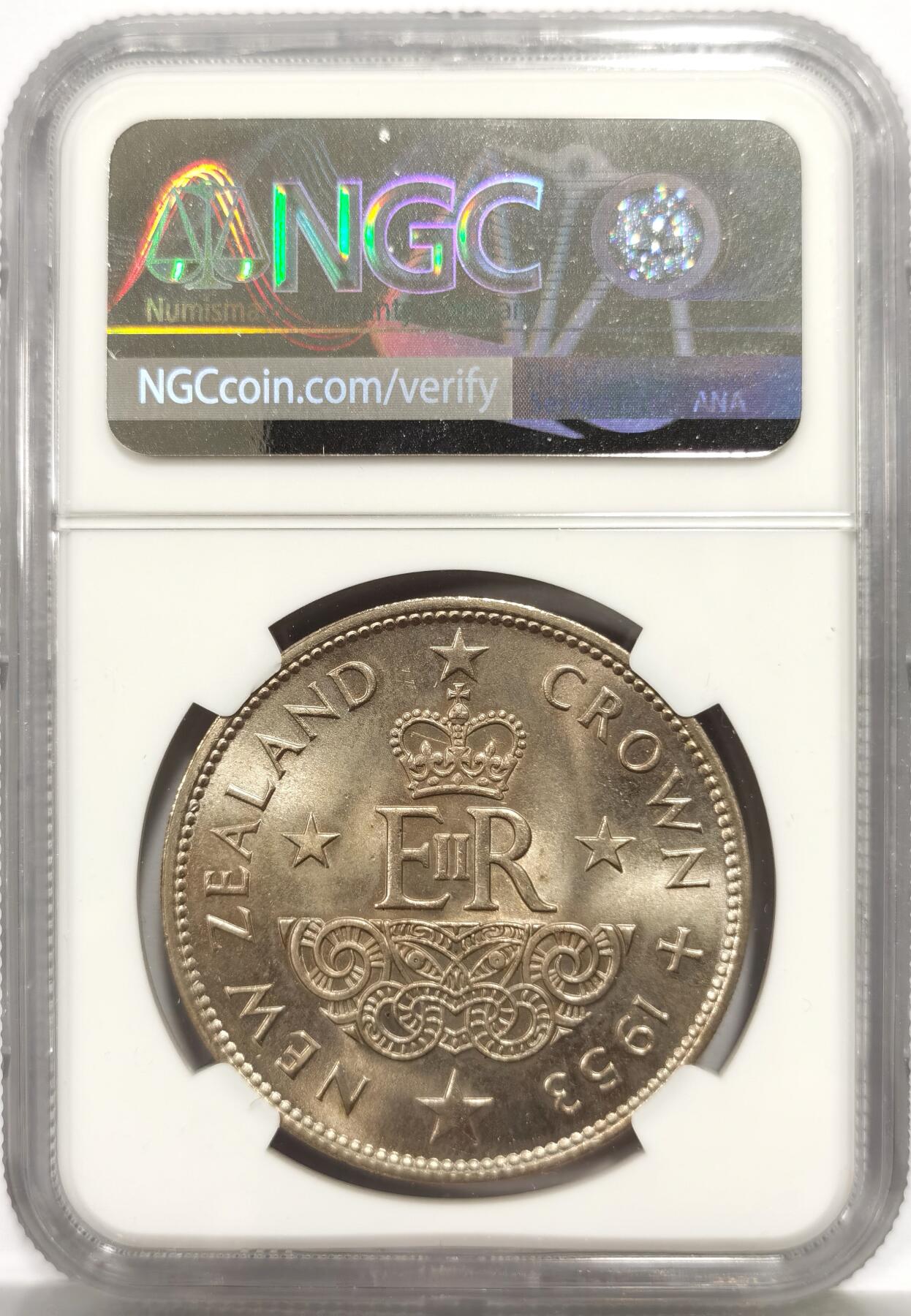 博洋堂“芳菲春韵”3月精品大拍专场暨第166期（全场包邮） NGC MS64 新西兰1953年伊丽莎白二世一克朗，加冕年，极美转光好品。
