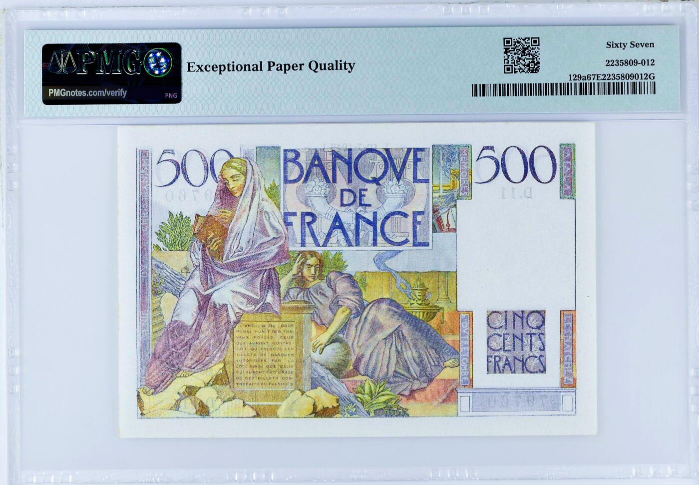 【Blue Auction】世界纸币精拍第799期——18级TOP拍卖/信誉/品质/专业/高效💫  【仅1张更高分】法国 1945年500法郎 夏多布里昂 PMG67EPQ 高分