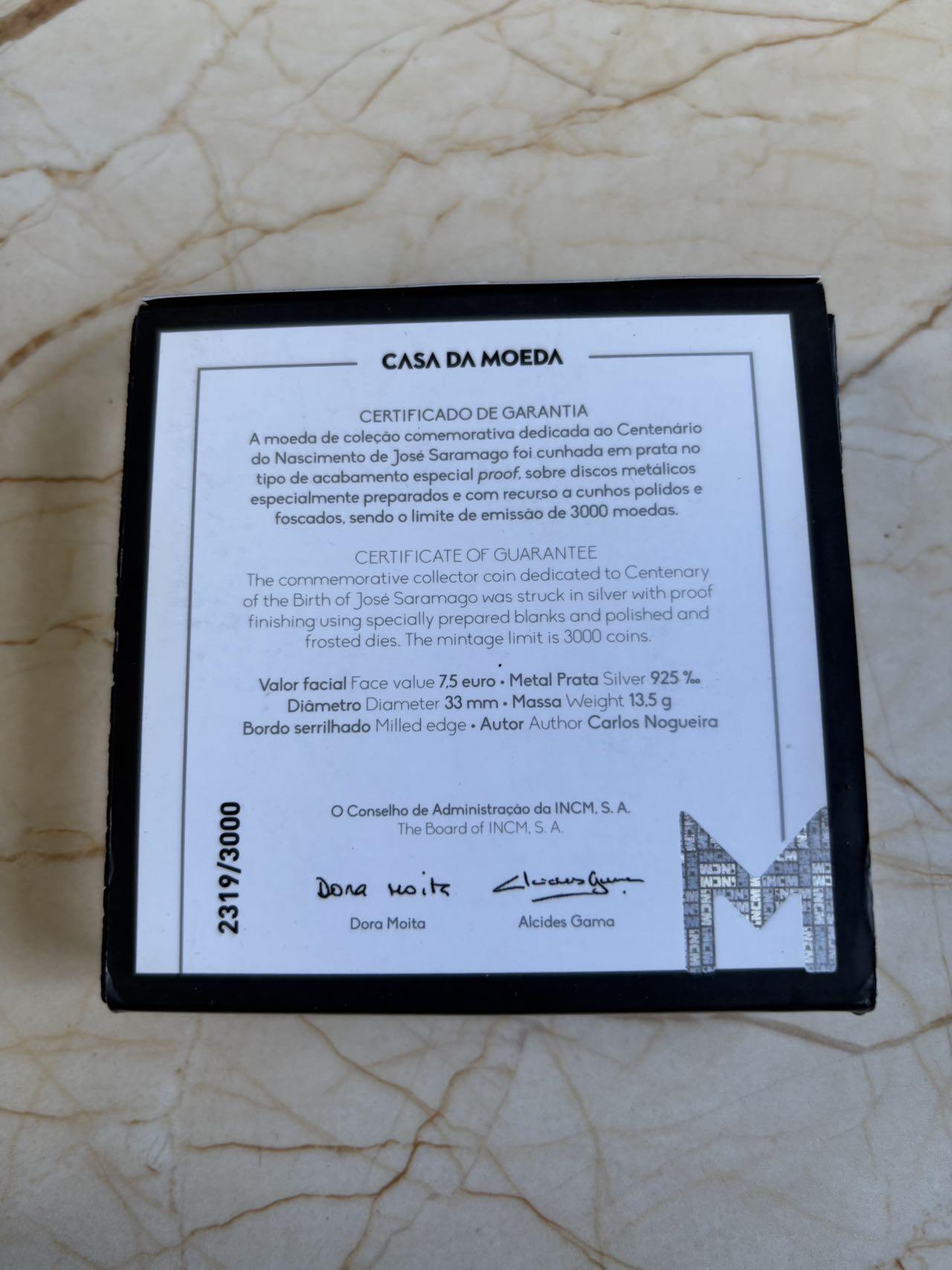 第195期拍卖 葡萄牙2022年何塞·萨拉马戈诞生百年精制纪念银币13.5克，925银，发行30000枚