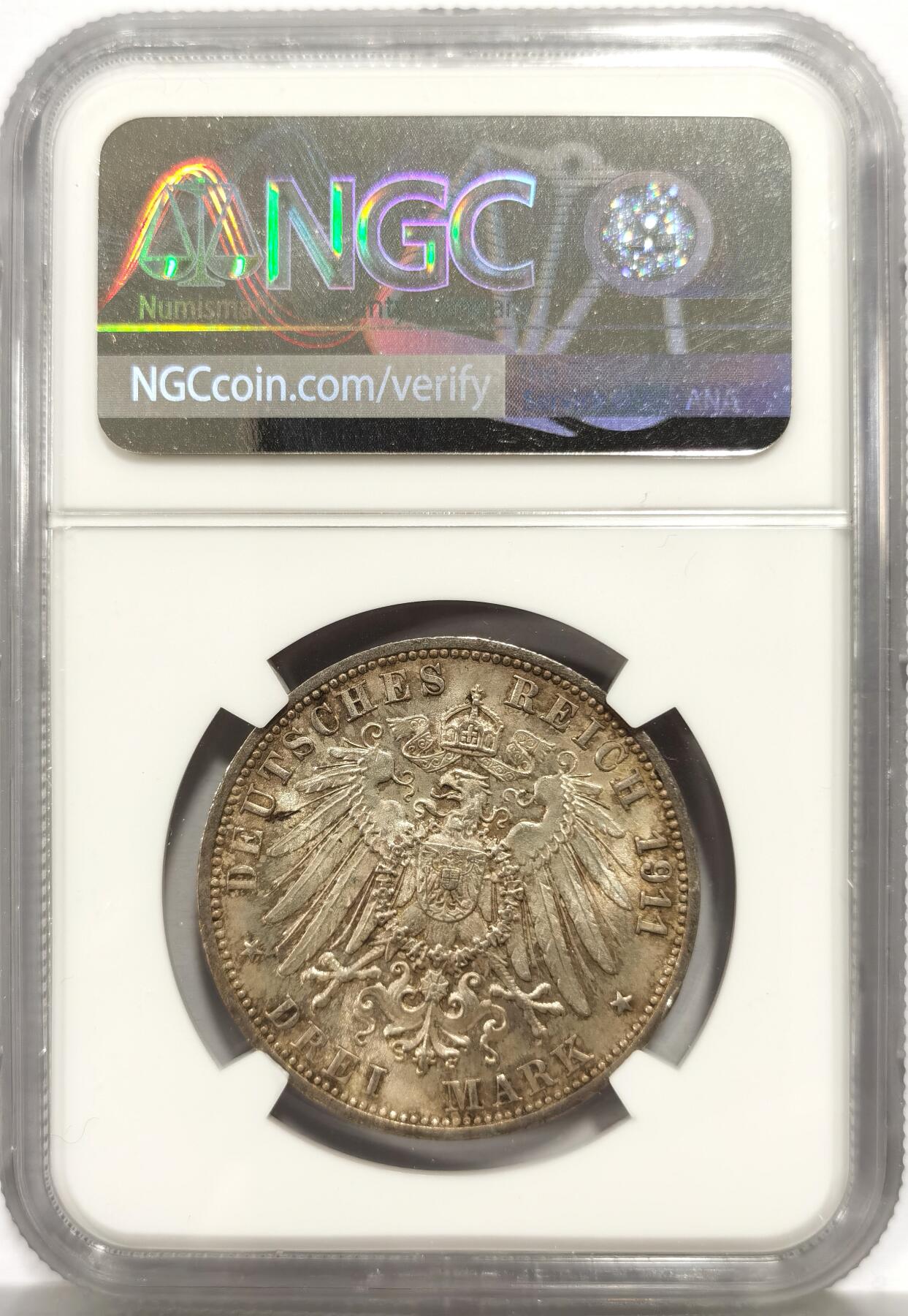 博洋堂“芳菲春韵”3月精品大拍专场暨第166期（全场包邮） NGC MS64 德国1911年符腾堡银婚纪念3马克银币，五彩转光美品。