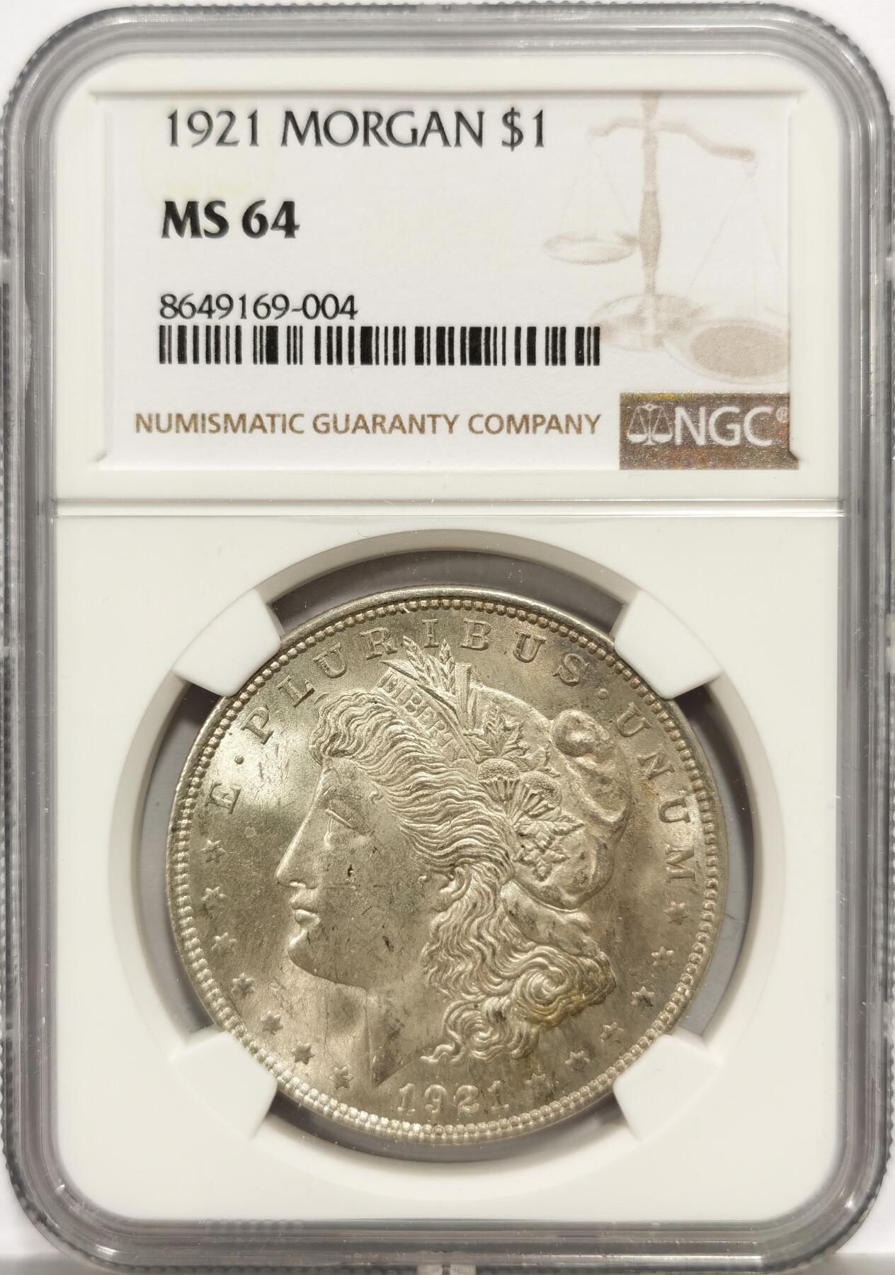 博洋堂“芳菲春韵”3月精品大拍专场暨第166期（全场包邮） NGC MS64 美国1921年摩根银币，极美原光好品，底板状态上佳。